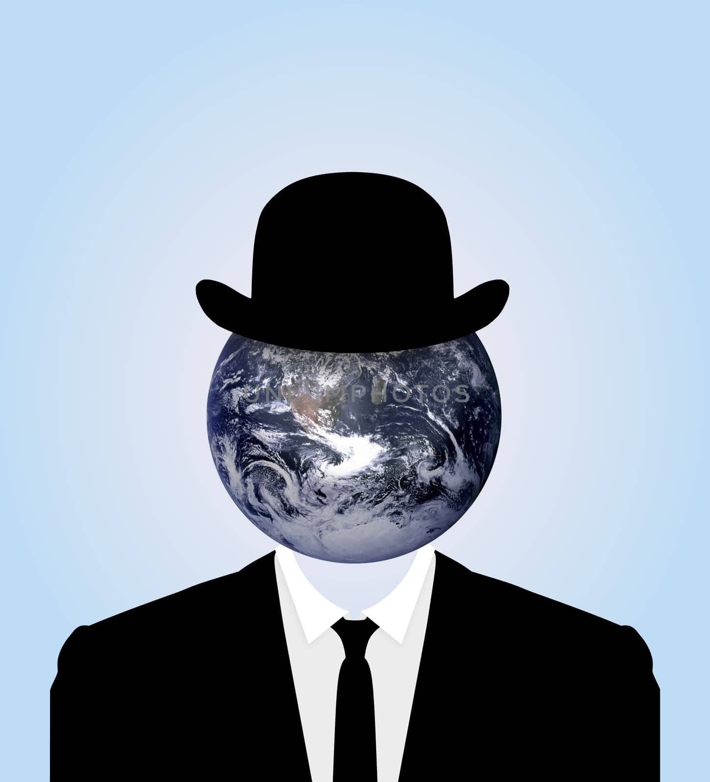 Illustration of a Business person with a bowler hat, suit and the Earth for a head