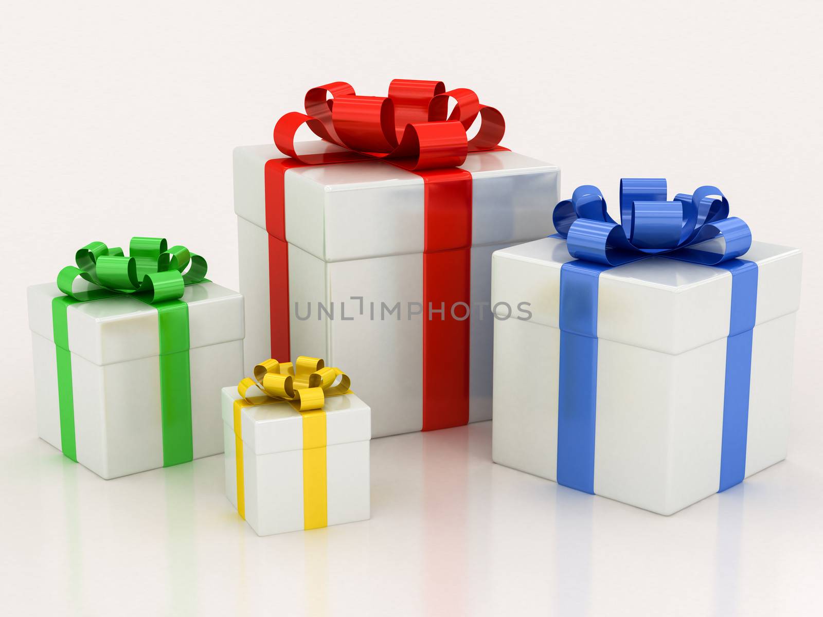 white gift boxes with varicolored ribbon on a white background