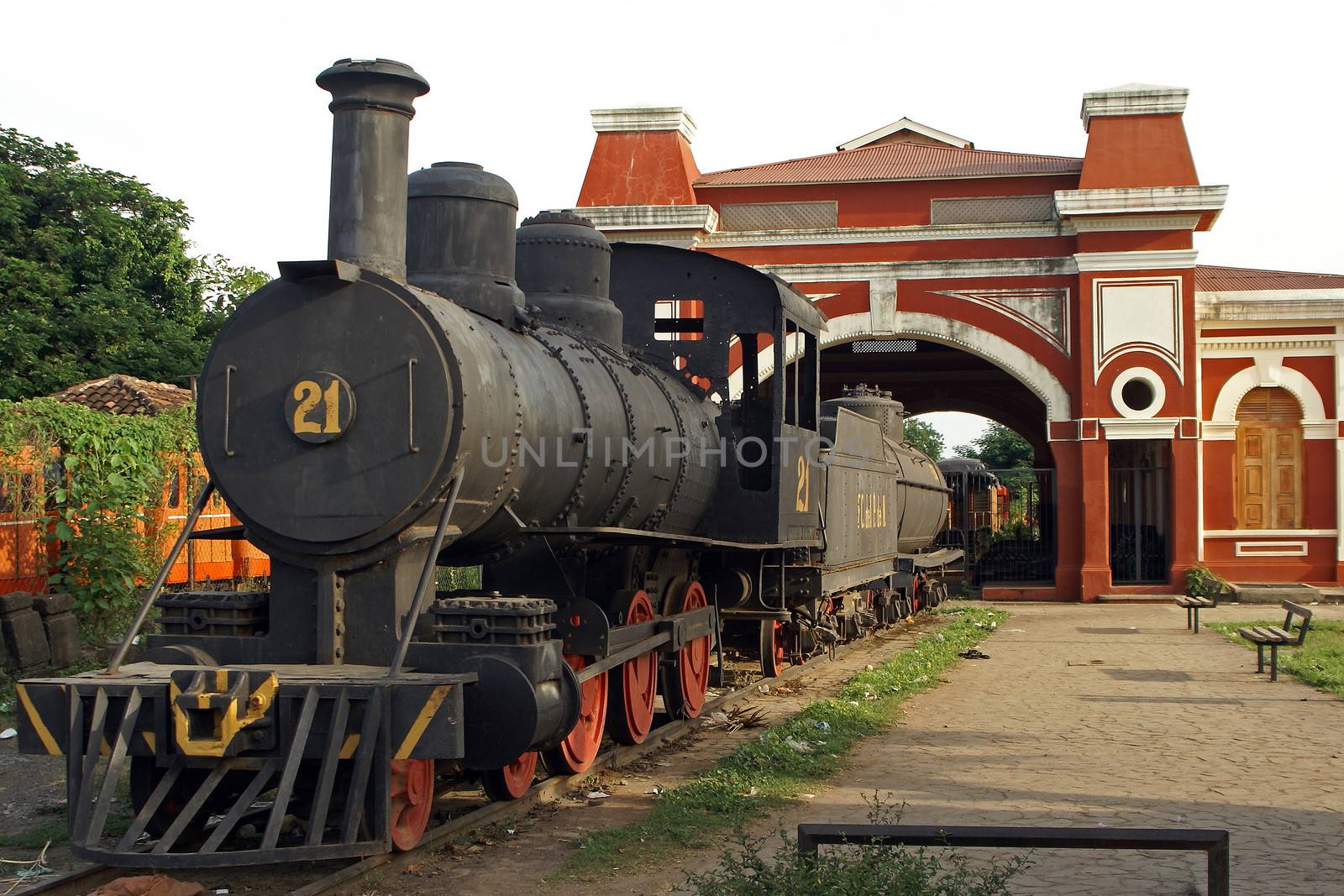 Old Railway Station with historic steam engine, Granada, Nicaragua, Central America