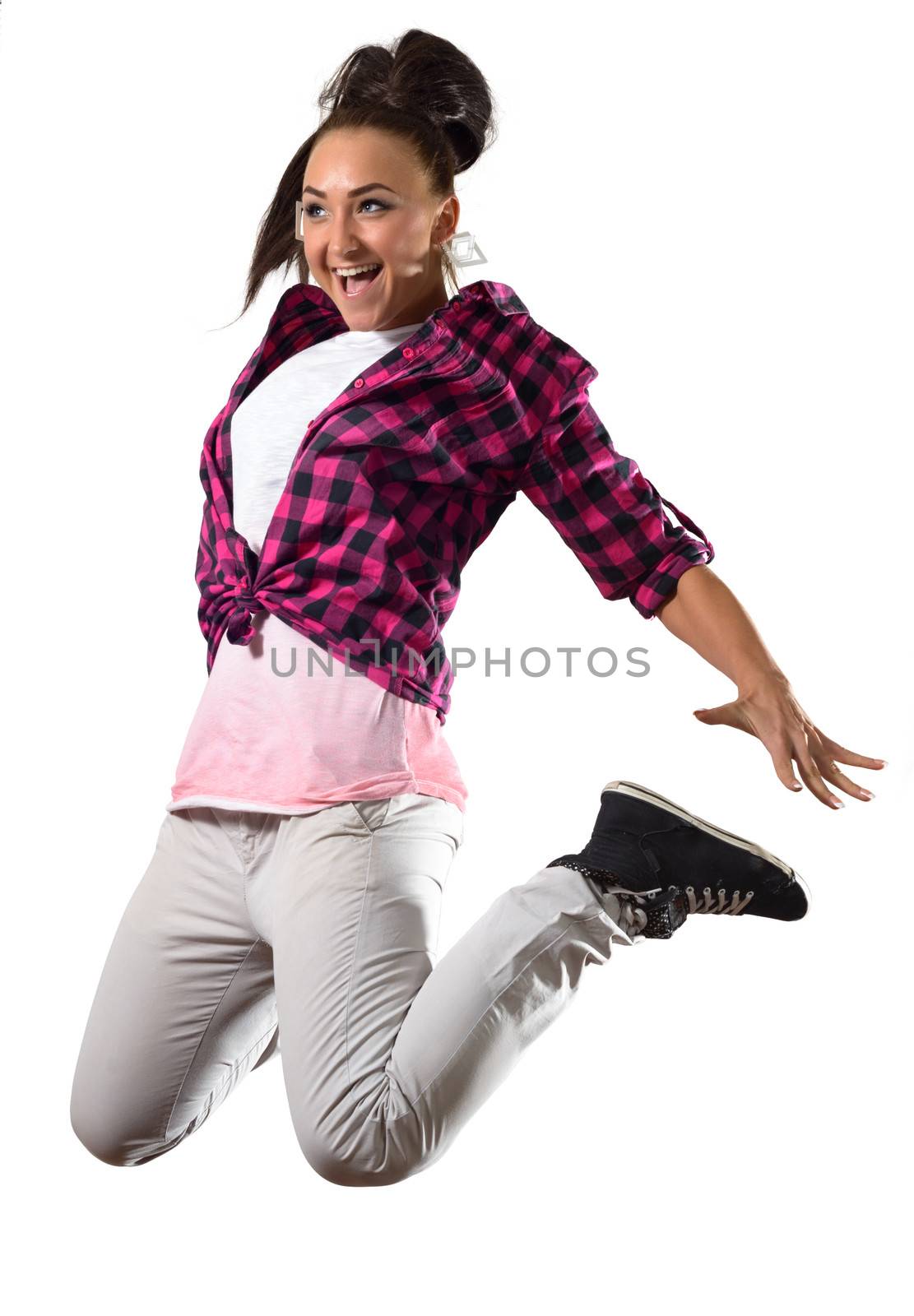 Young woman dancer jumping isolated on white