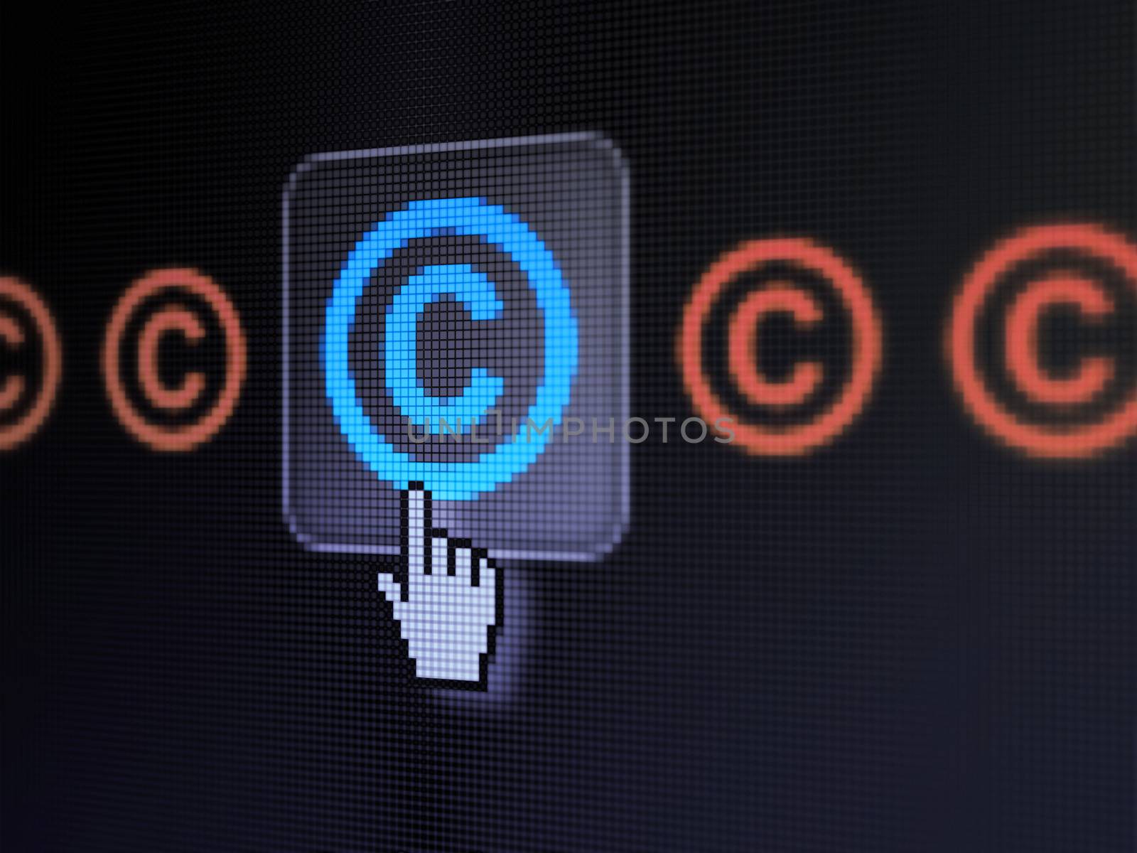 Law concept: pixelated Copyright icon on button with Hand cursor on digital computer screen, selected focus 3d render