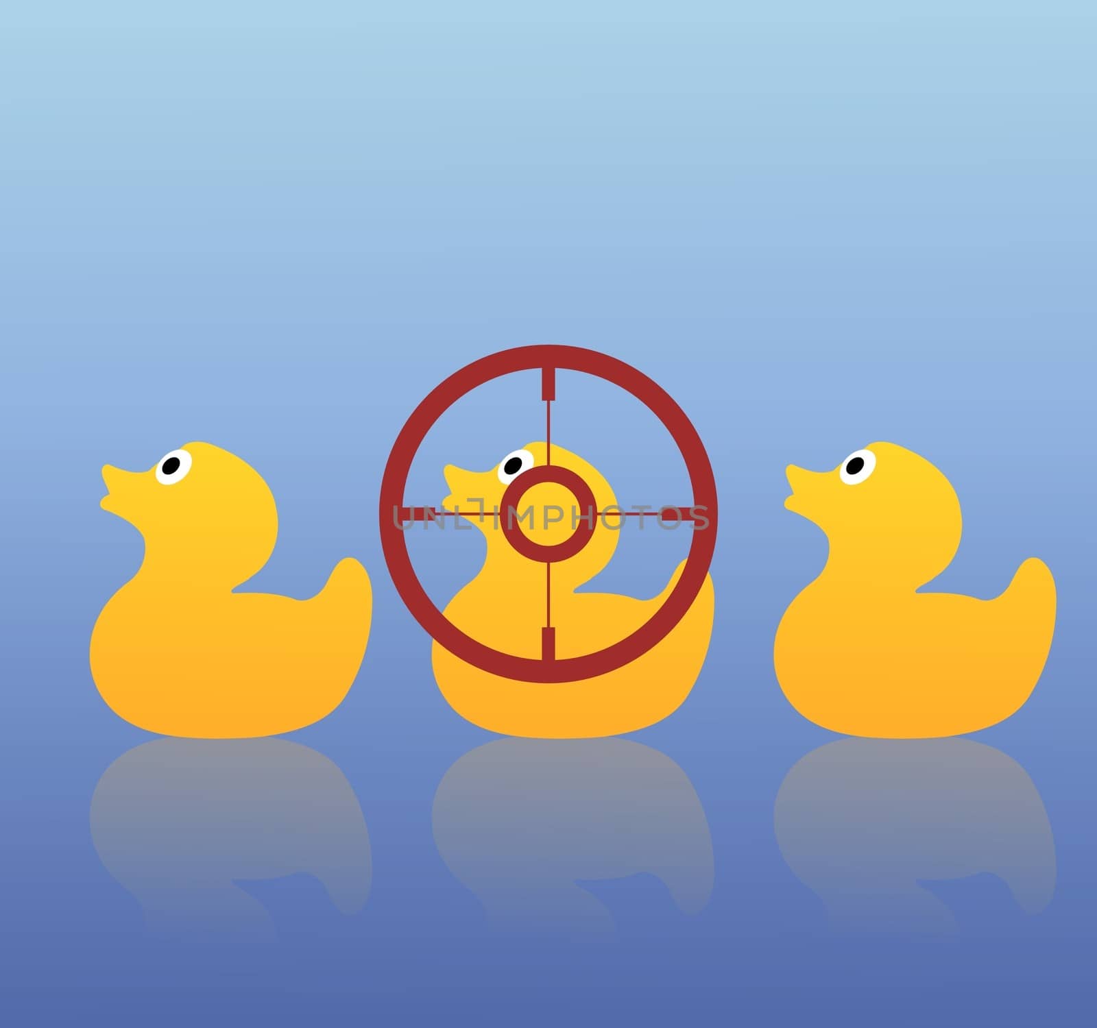 Illustration of three ducks with the middle one being targeted