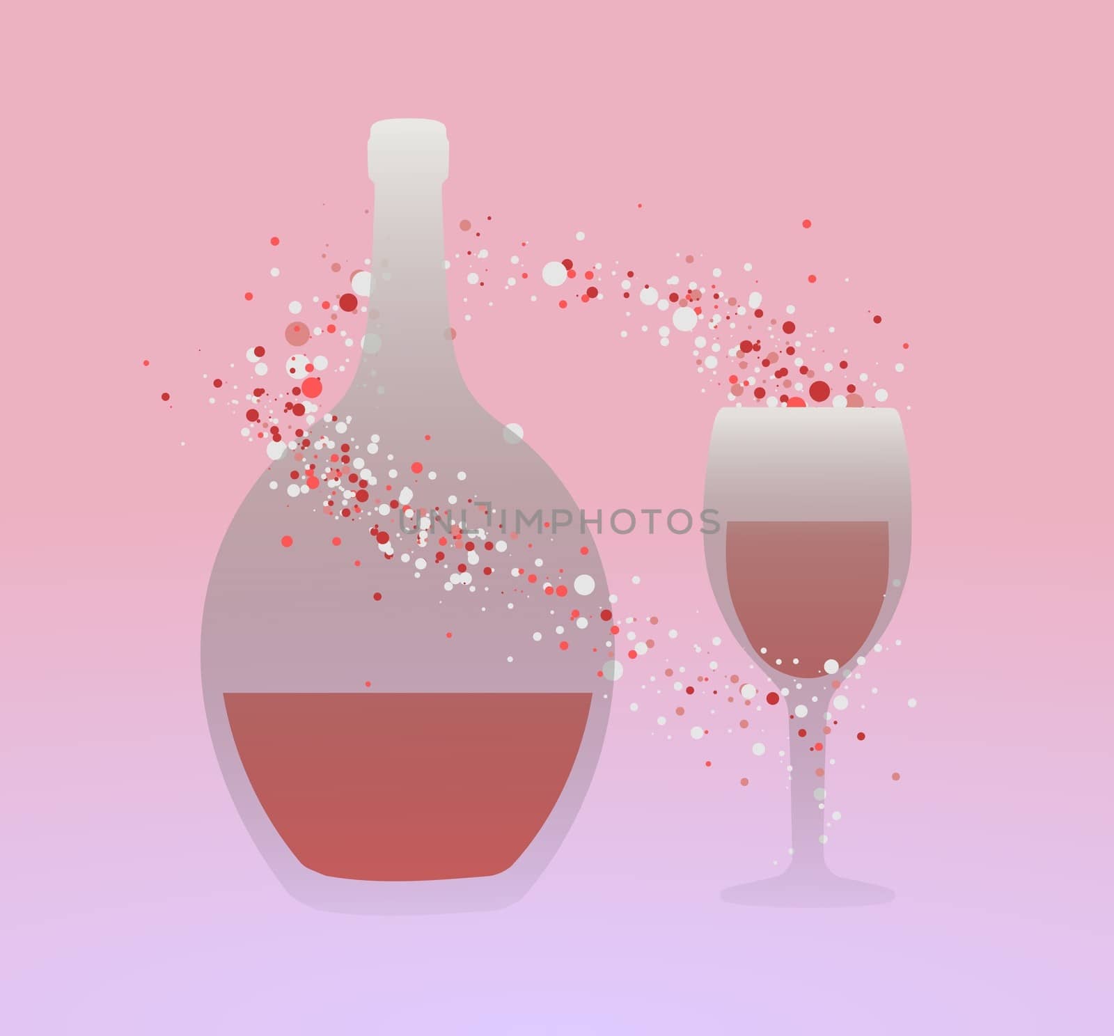 Illustration of a bottle of wine, glass and bubbles
