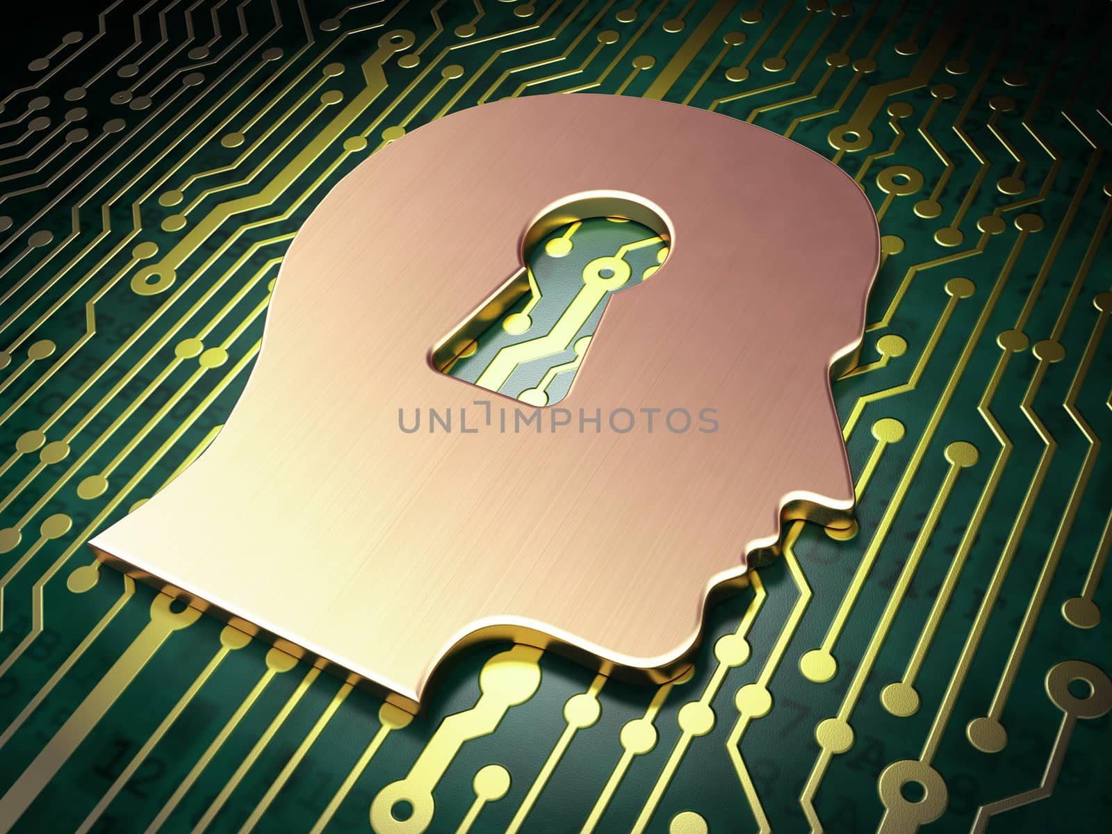 Information concept: circuit board with Head With Keyhole icon, 3d render