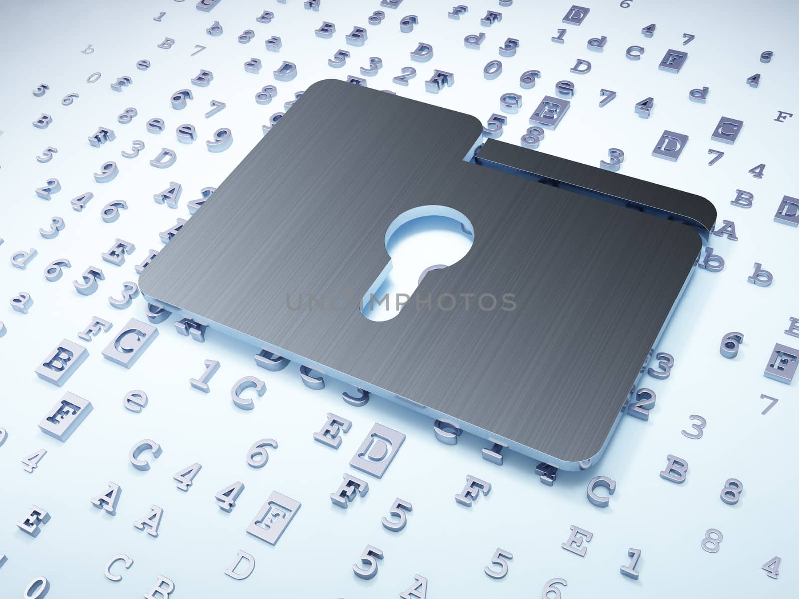 Finance concept: Silver Folder With Keyhole on digital background, 3d render