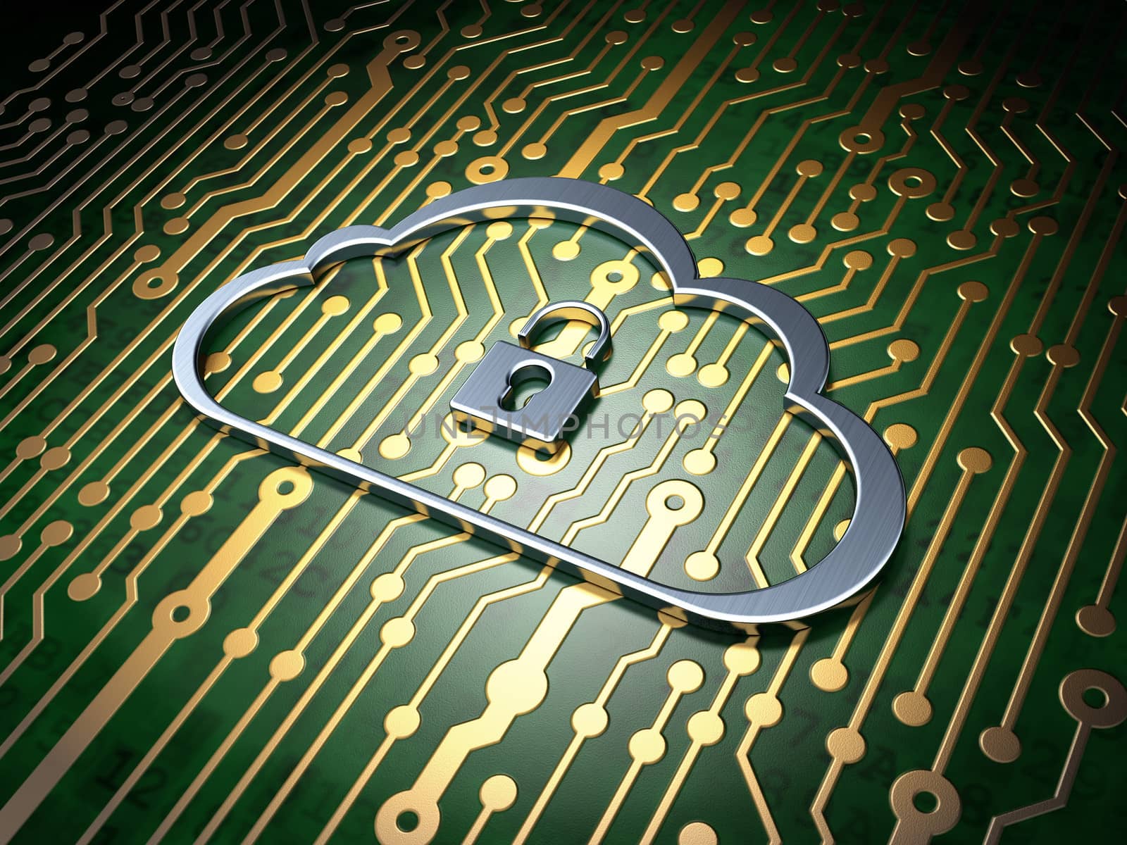 Cloud computing concept: circuit board with Cloud With Padlock icon, 3d render