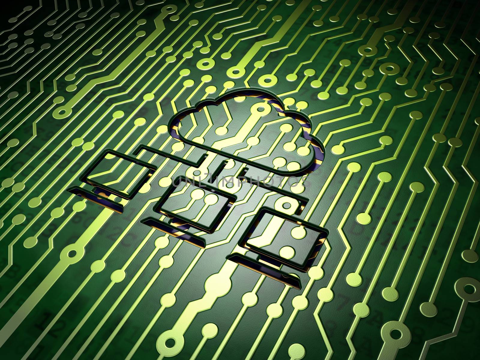 Cloud networking concept: circuit board with Cloud Network icon, 3d render