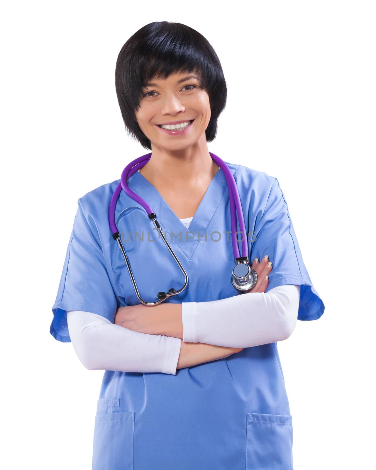 asian female doctor with crossed arms smiling isolated by mihalec