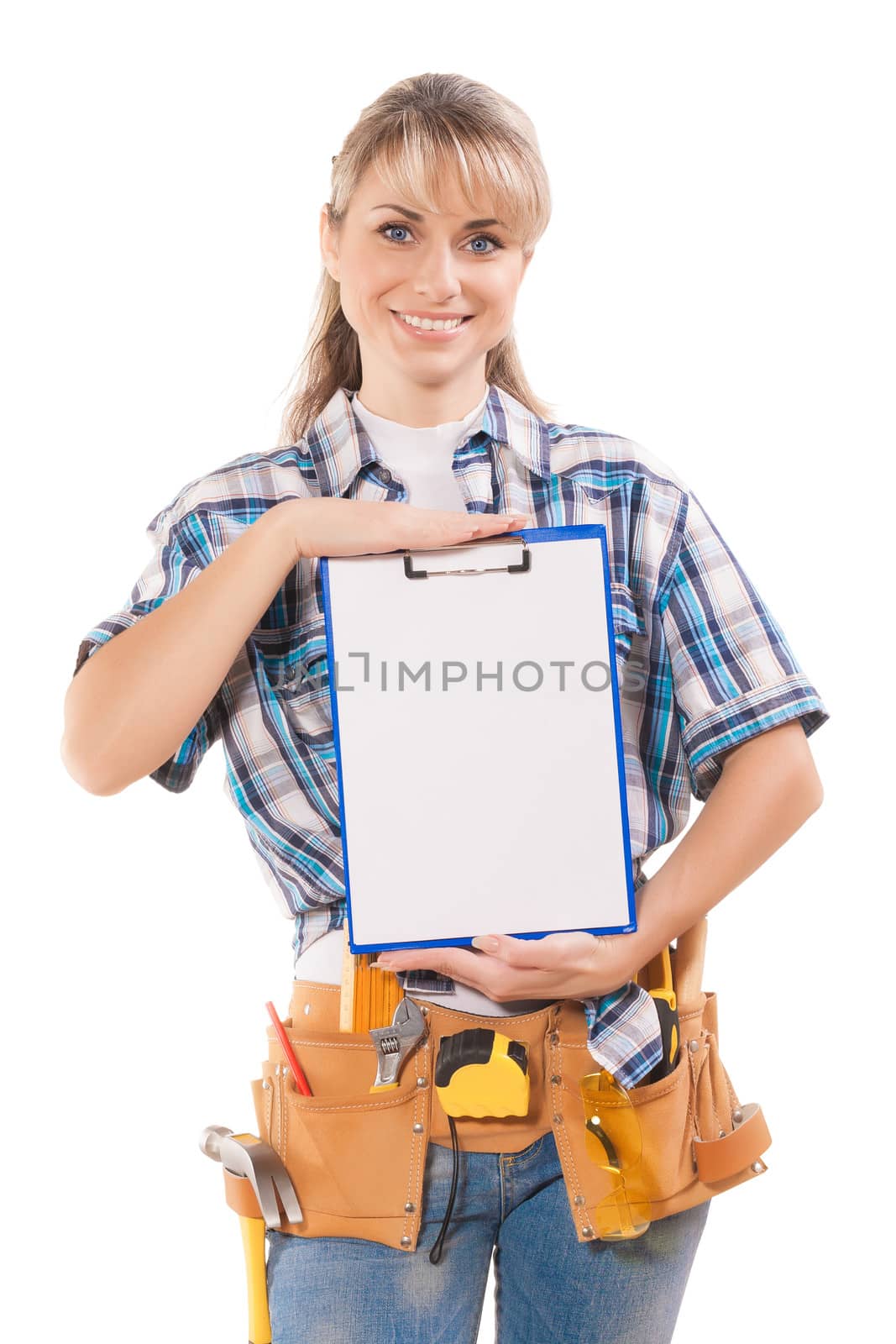 beautiful female worker showing blank clipboard with white sheet