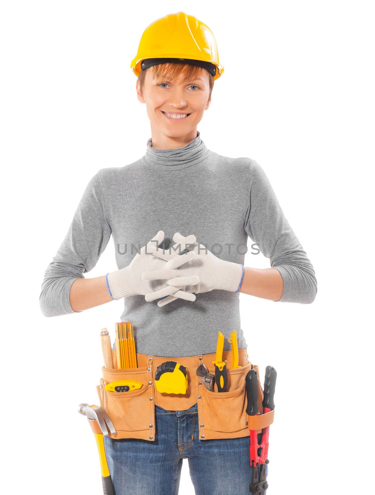 female worker with crossed hands isolated