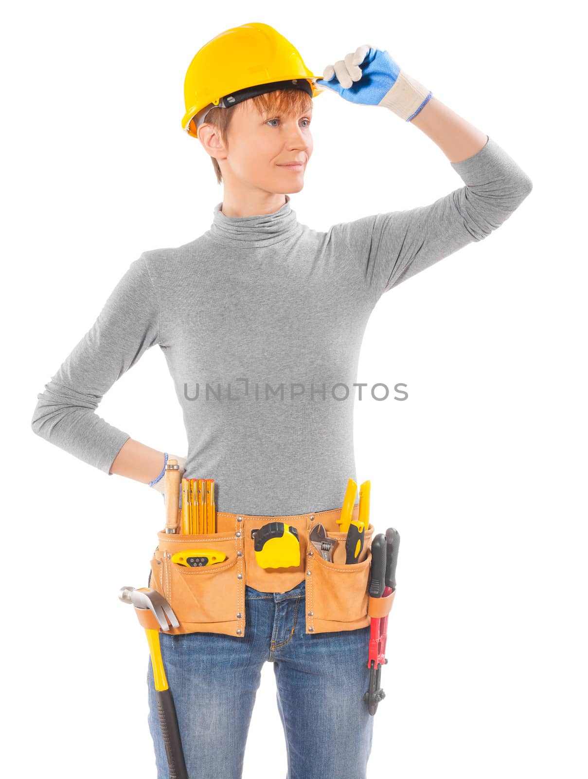 female wearing working clothes with belt of tools isolated