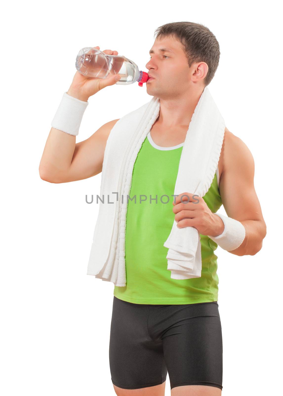 sportsman drinking water from transparent bottle isolated on white background