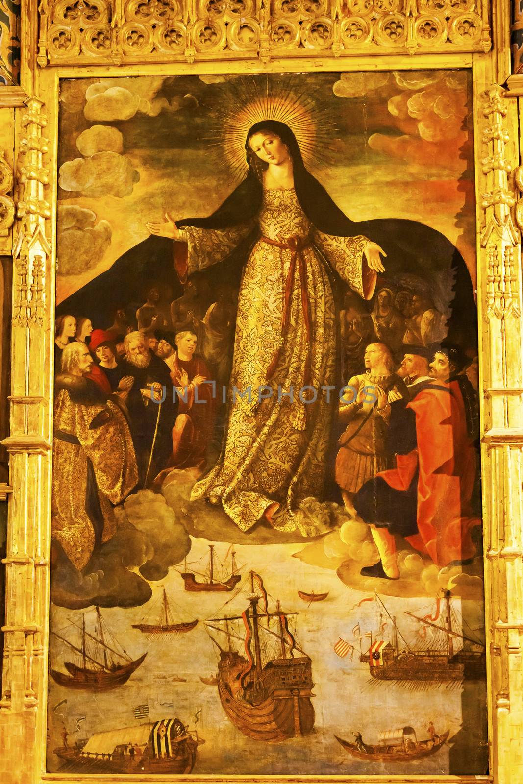 Madonna Mary of the Seafarers Explorers Fernandez 1535 First Painting of Columbus Chapel of the Casa de la Contratacion Alcazar Royal Palace Seville Andalusia Spain. Altarpiece