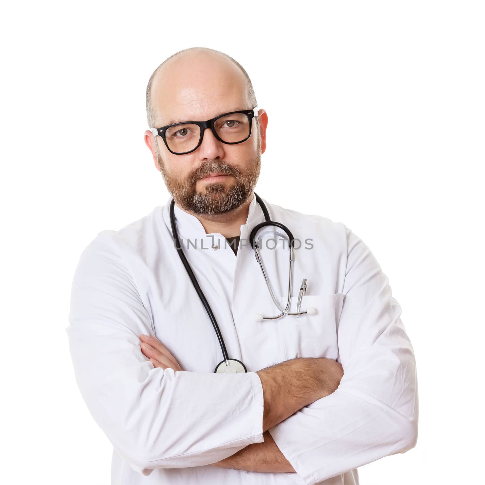 An image of a doctor with a stethoscope isolated on white