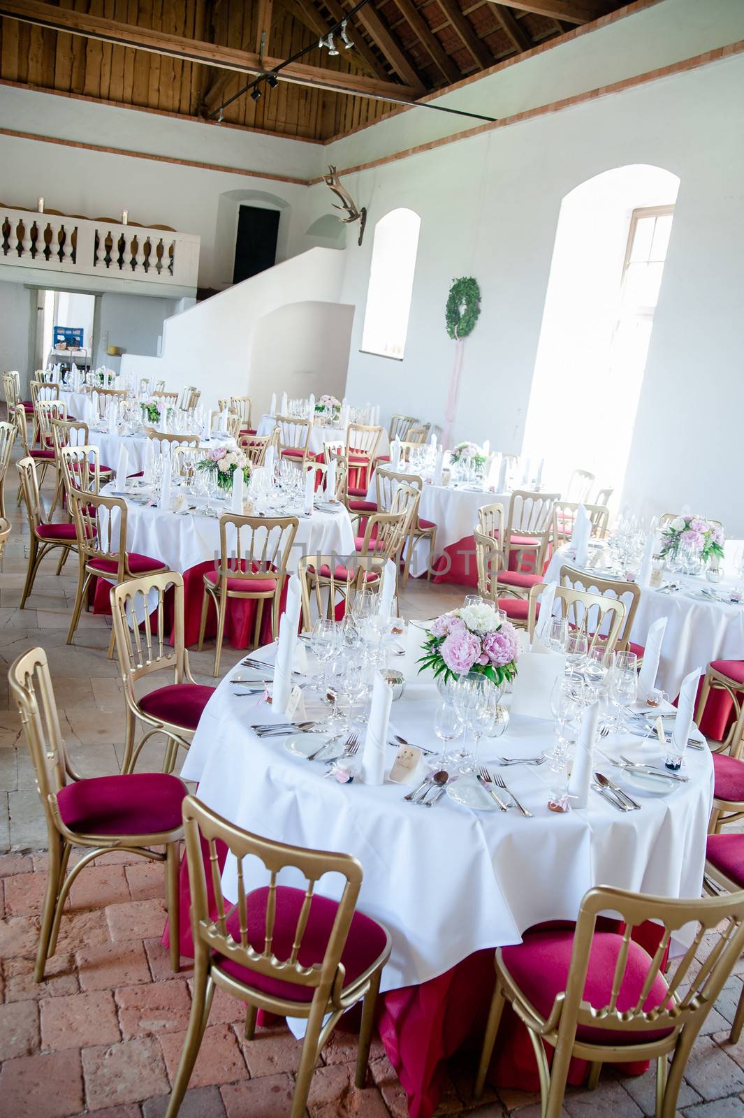 restaurant banquet room decorated for a wedding party