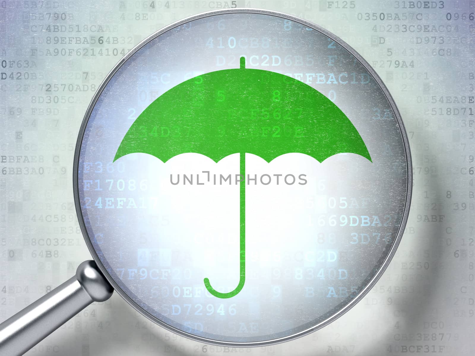 Security concept: magnifying optical glass with Umbrella icon on digital background, 3d render