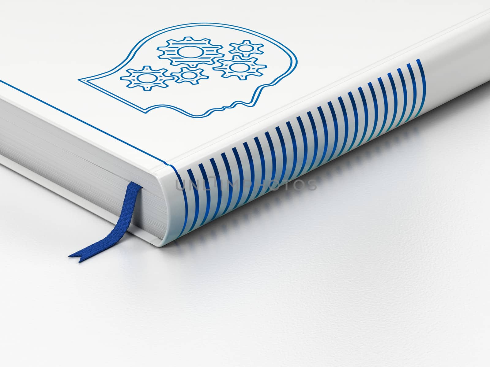 Marketing concept: closed book with Blue Head With Gears icon on floor, white background, 3d render