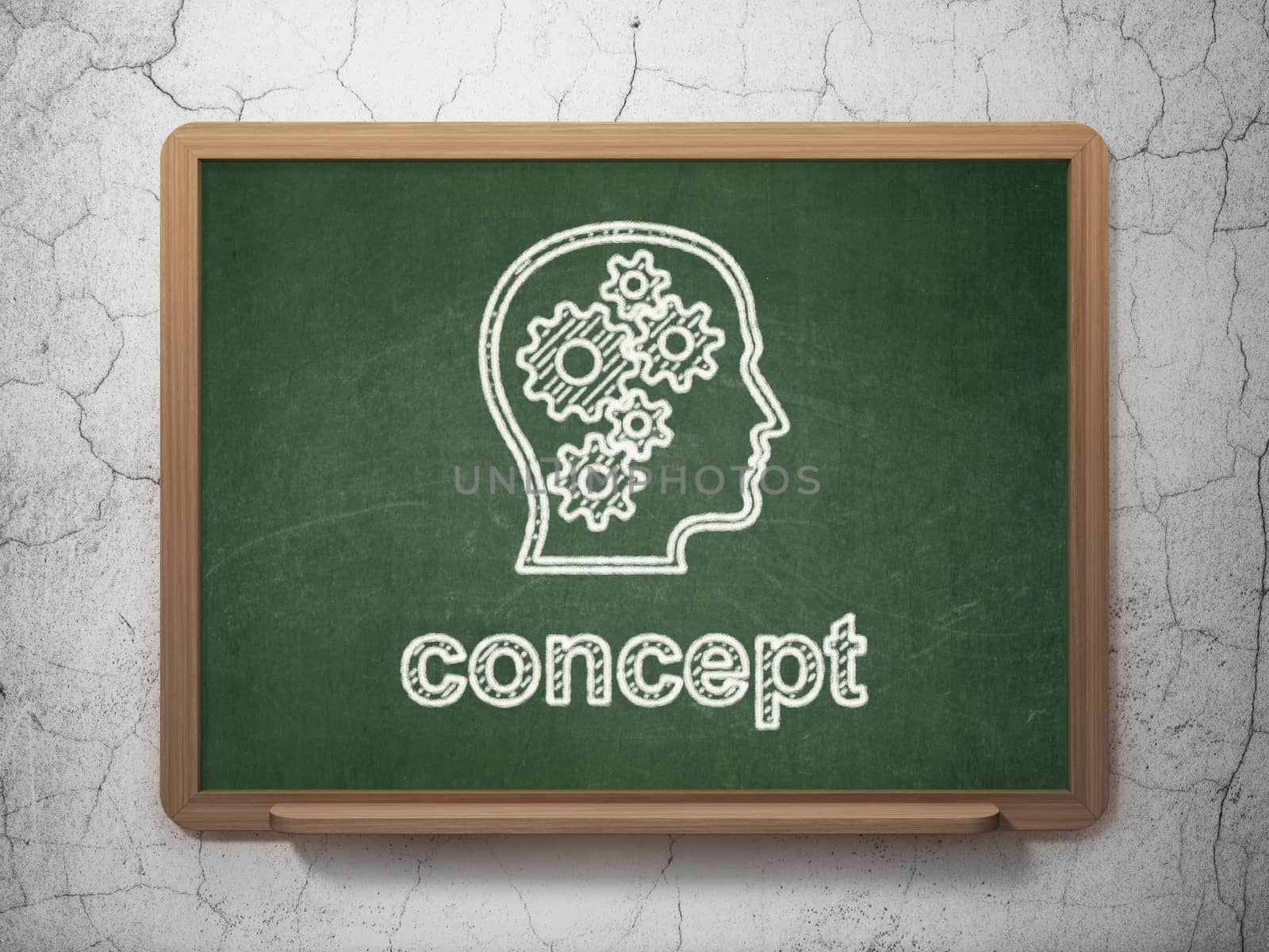 Marketing concept: Head With Gears icon and text Concept on Green chalkboard on grunge wall background, 3d render