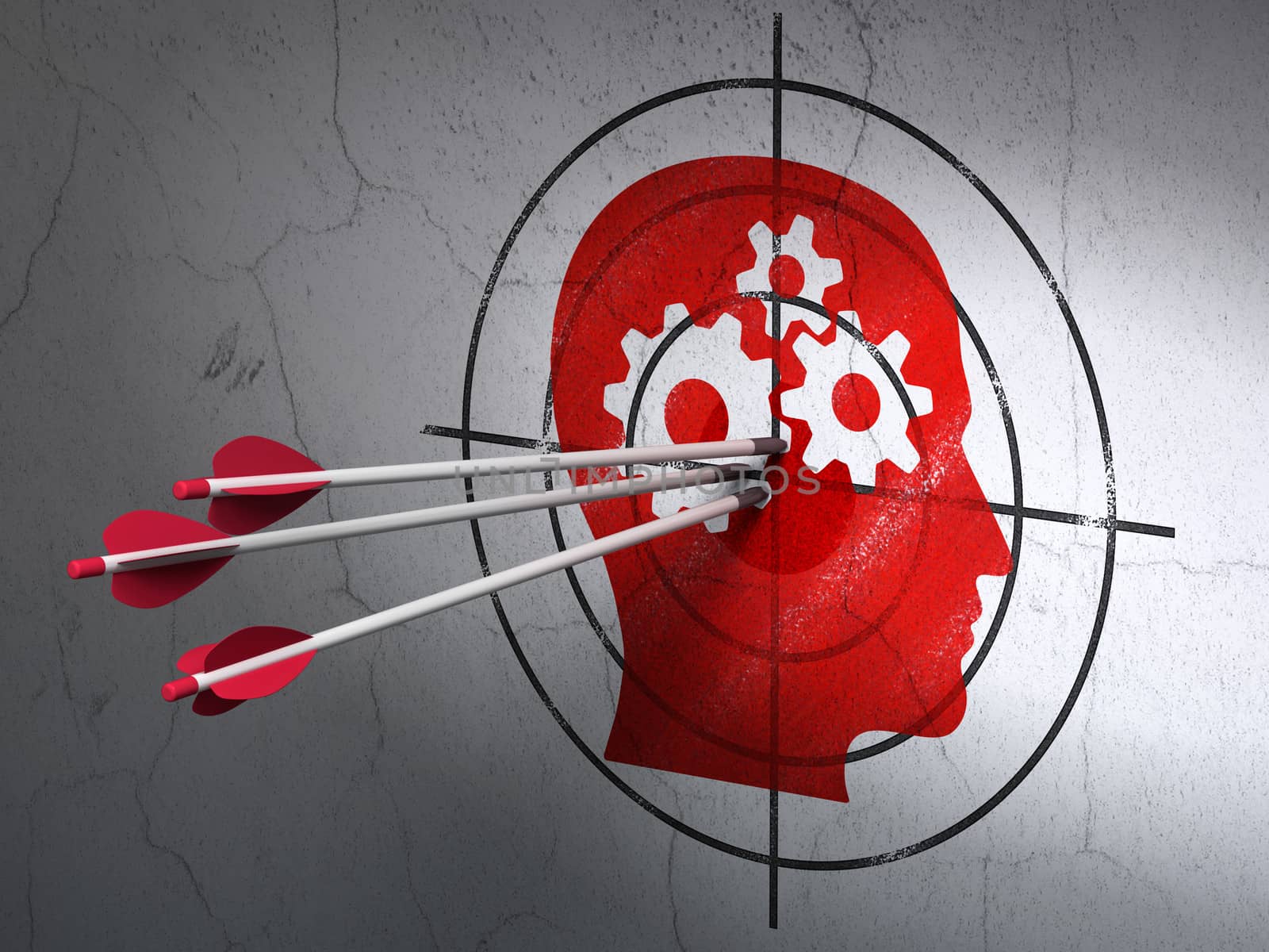 Success business concept: arrows hitting the center of Red Head With Gears target on wall background, 3d render