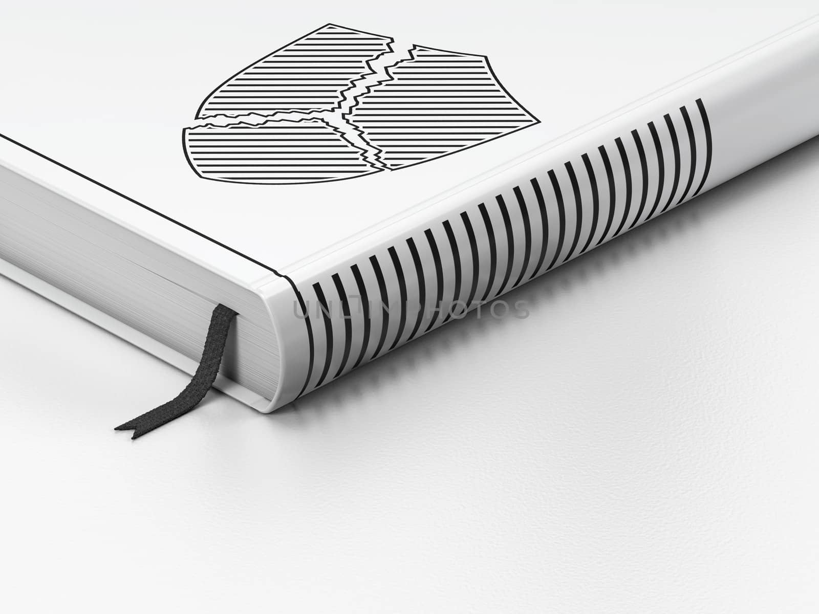 Security concept: closed book with Black Broken Shield icon on floor, white background, 3d render