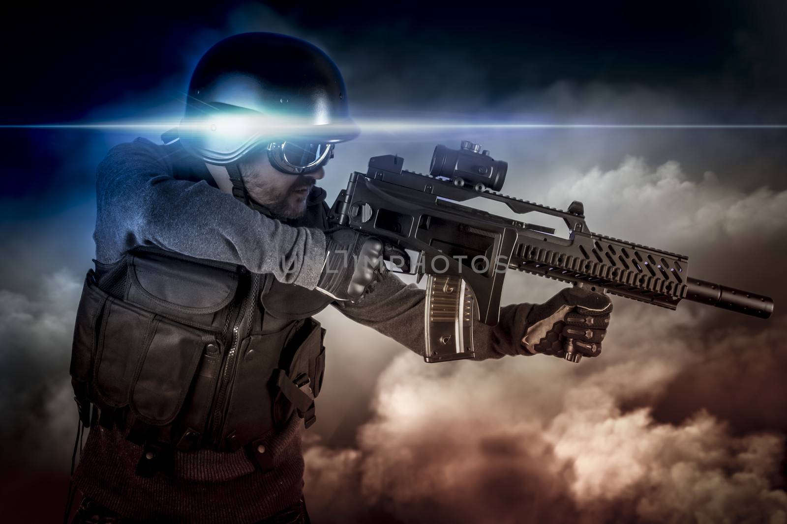 Soldier in uniform with rifle, assault sniper on apocalyptic clouds, firing