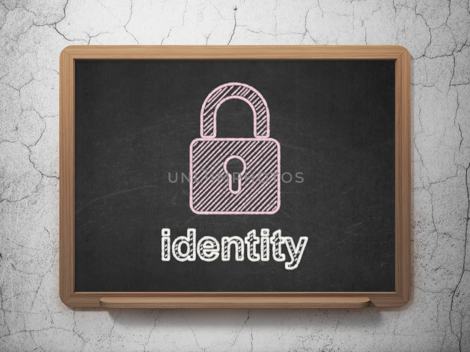 Safety concept: Closed Padlock icon and text Identity on Black chalkboard on grunge wall background, 3d render