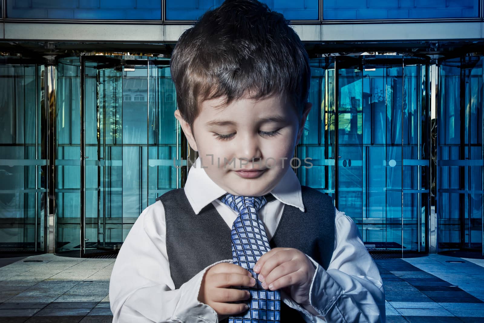 Success child dressed businessman with hands in his tie and skys by FernandoCortes