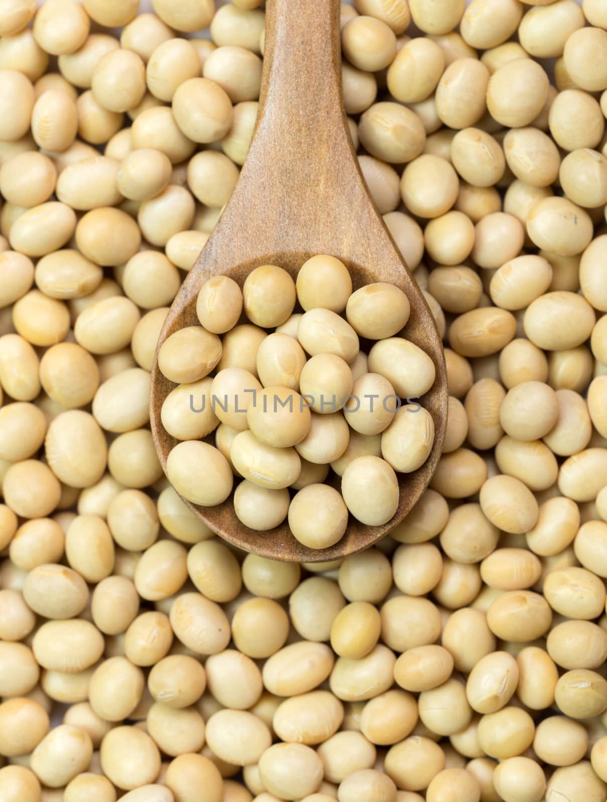 Close-up of soya beans on wooden spoon