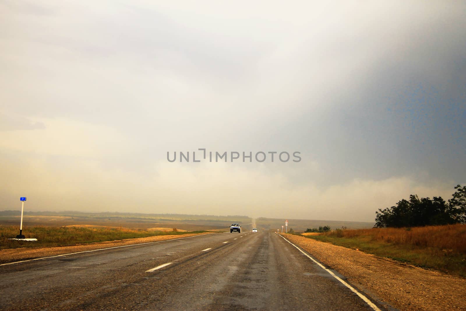 Wide highway and landscape. North Caucasus travel.