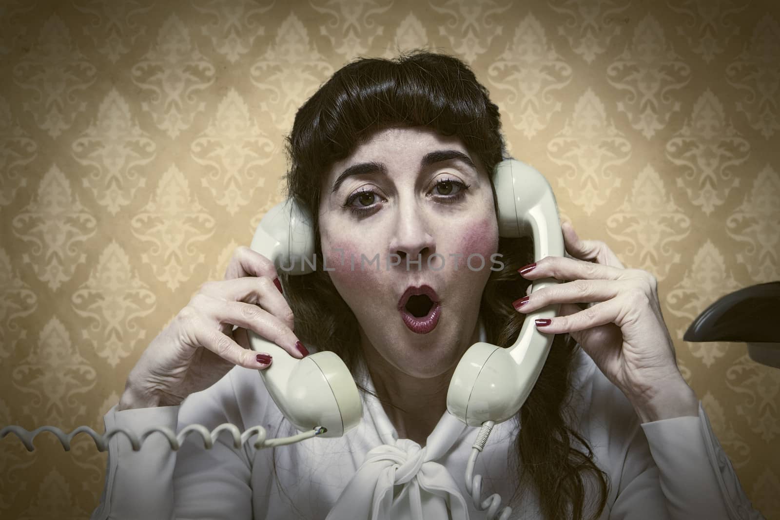 young Secretary screams by phone busy vintage