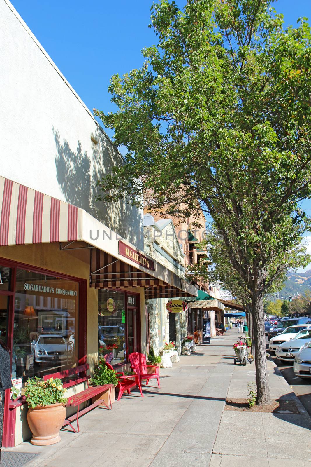 CALISTOGA, CALIFORNIA - OCTOBER 6 2012: Shops on Lincoln Street (Highway 29) the main road through Calistoga. Historic Calistoga is a popular tourist stop at the north end of Napa Valley wine country.