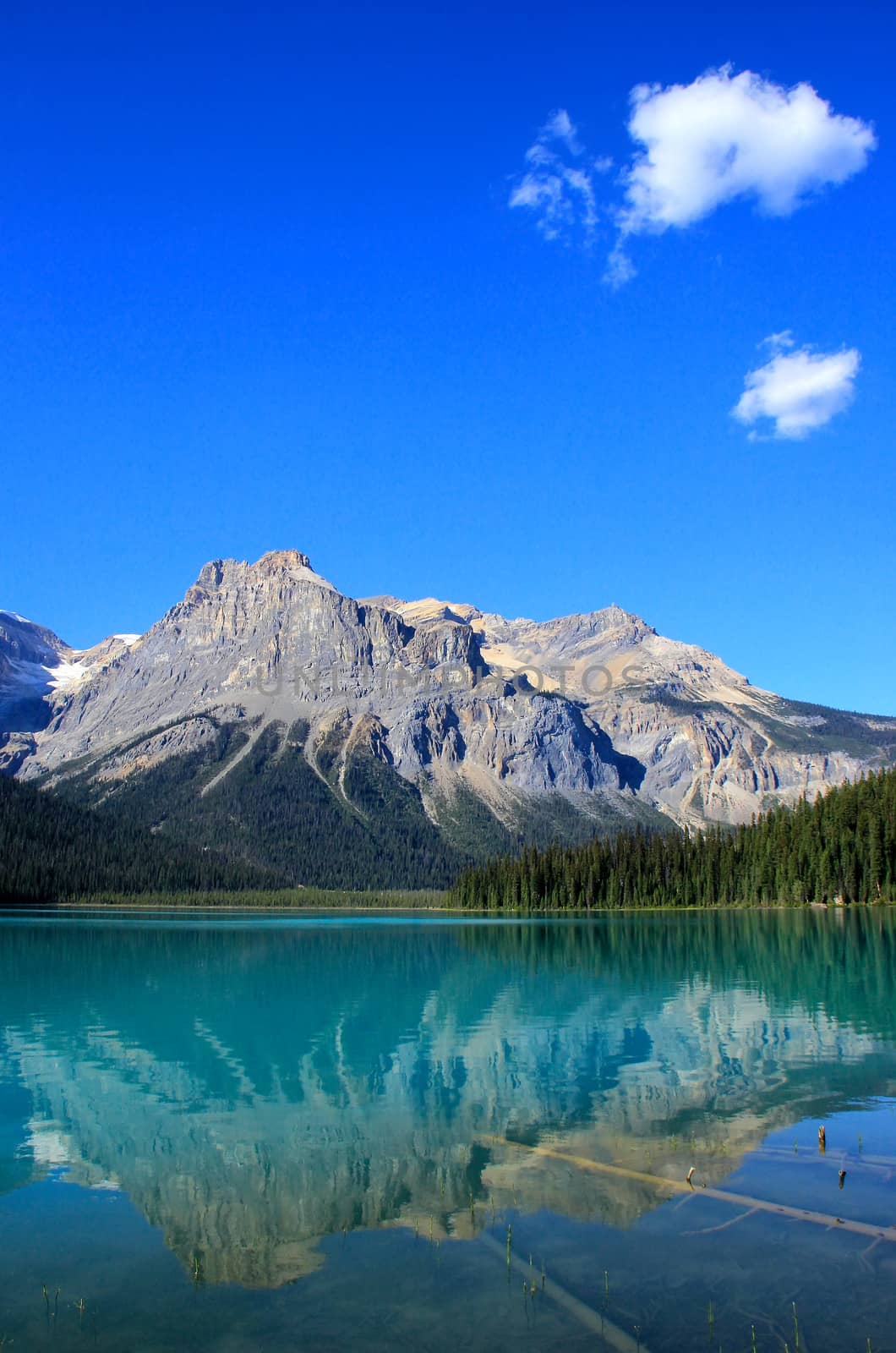 Mountains reflected in Emerald Lake, Yoho National Park, British Columbia, Canada