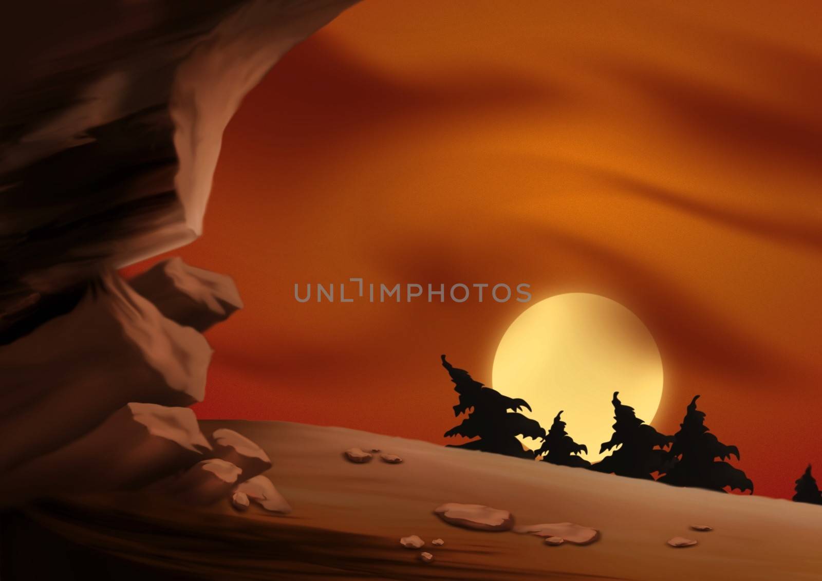 Red Sky And Cave - Background Illustration