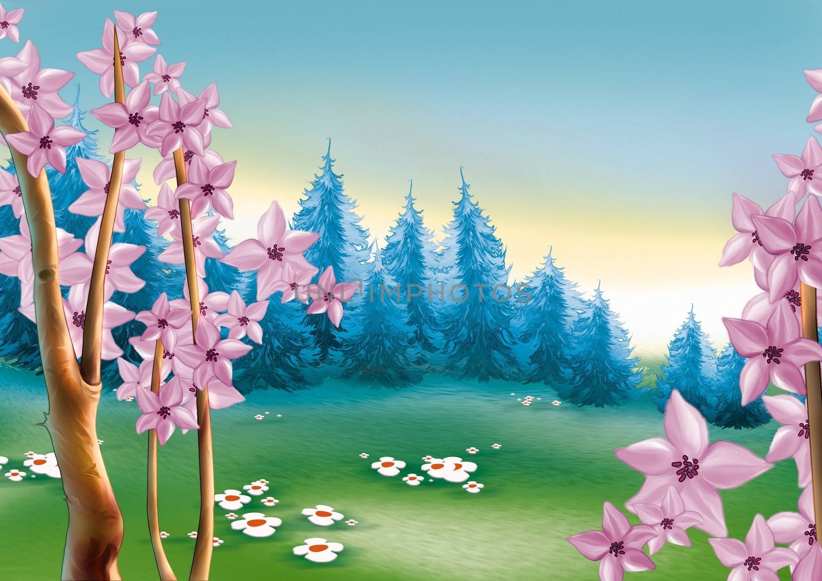 Spring Meadow And Forest - Background Illustration