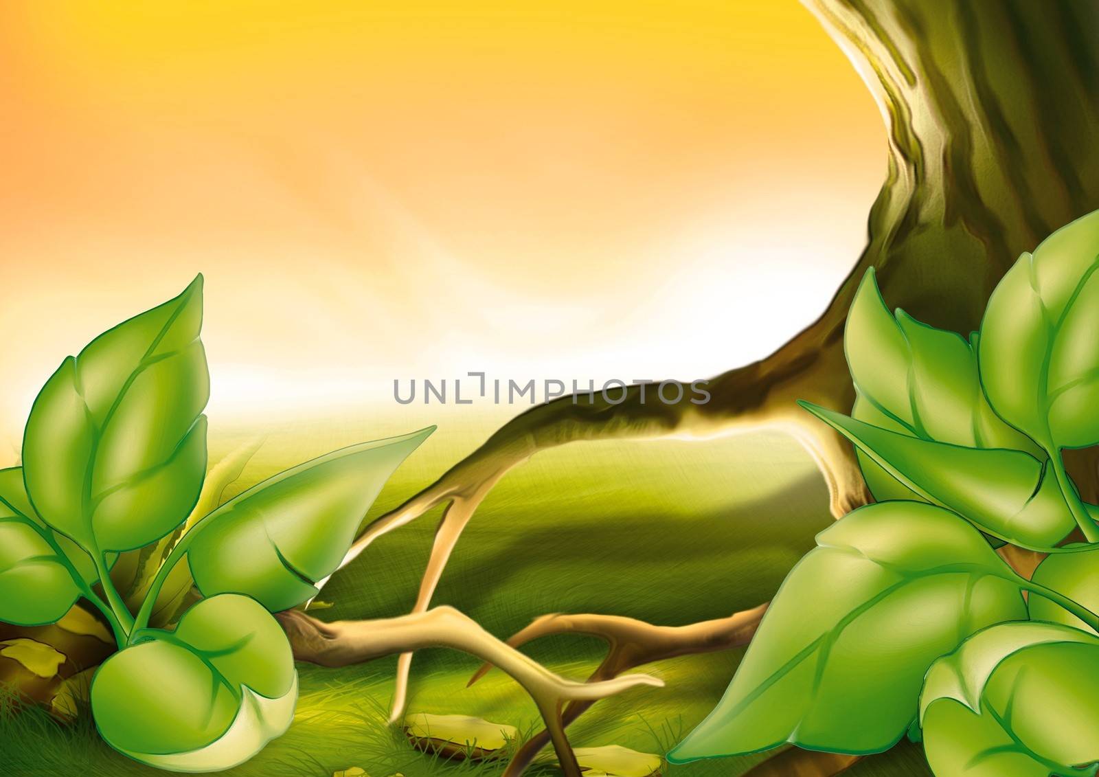 Tree And Green Leafs - Background Illustration
