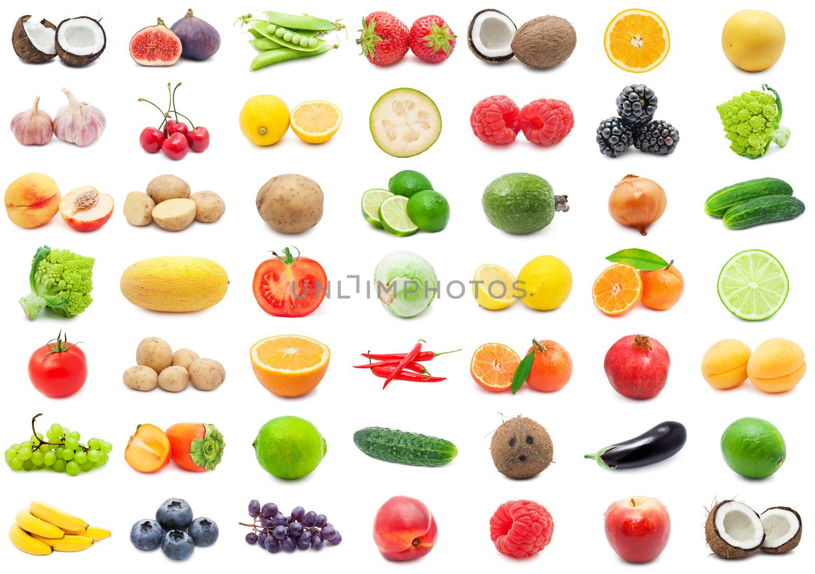 Collection of various fruits and vegetables isolated on white background