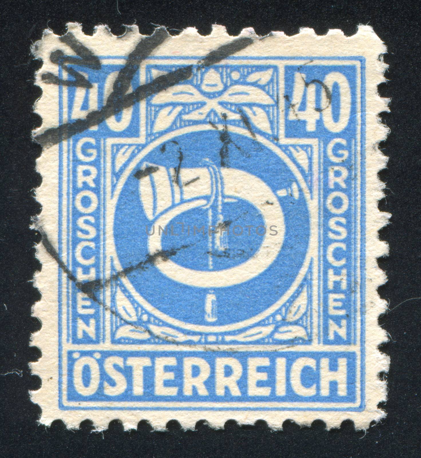 AUSTRIA - CIRCA 1945: stamp printed by Austria, shows ornament and horn, circa 1945