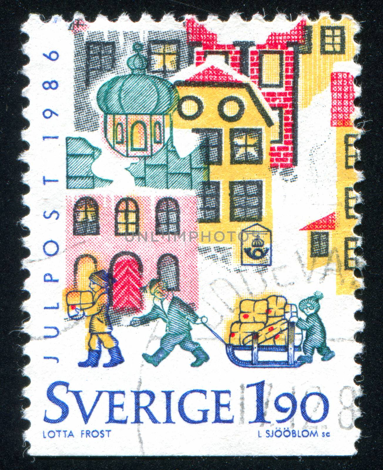 SWEDEN - CIRCA 1986: stamp printed by Sweden, shows Children, sled, circa 1986
