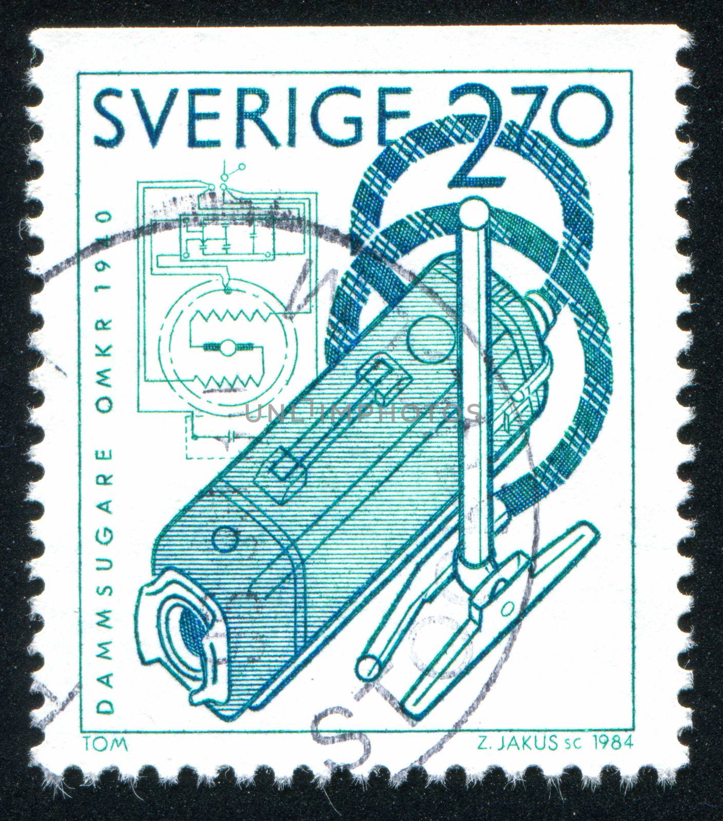 SWEDEN - CIRCA 1984: stamp printed by Sweden, shows Fan suction vacuum cleaner, Axel Wennergren, circa 1984