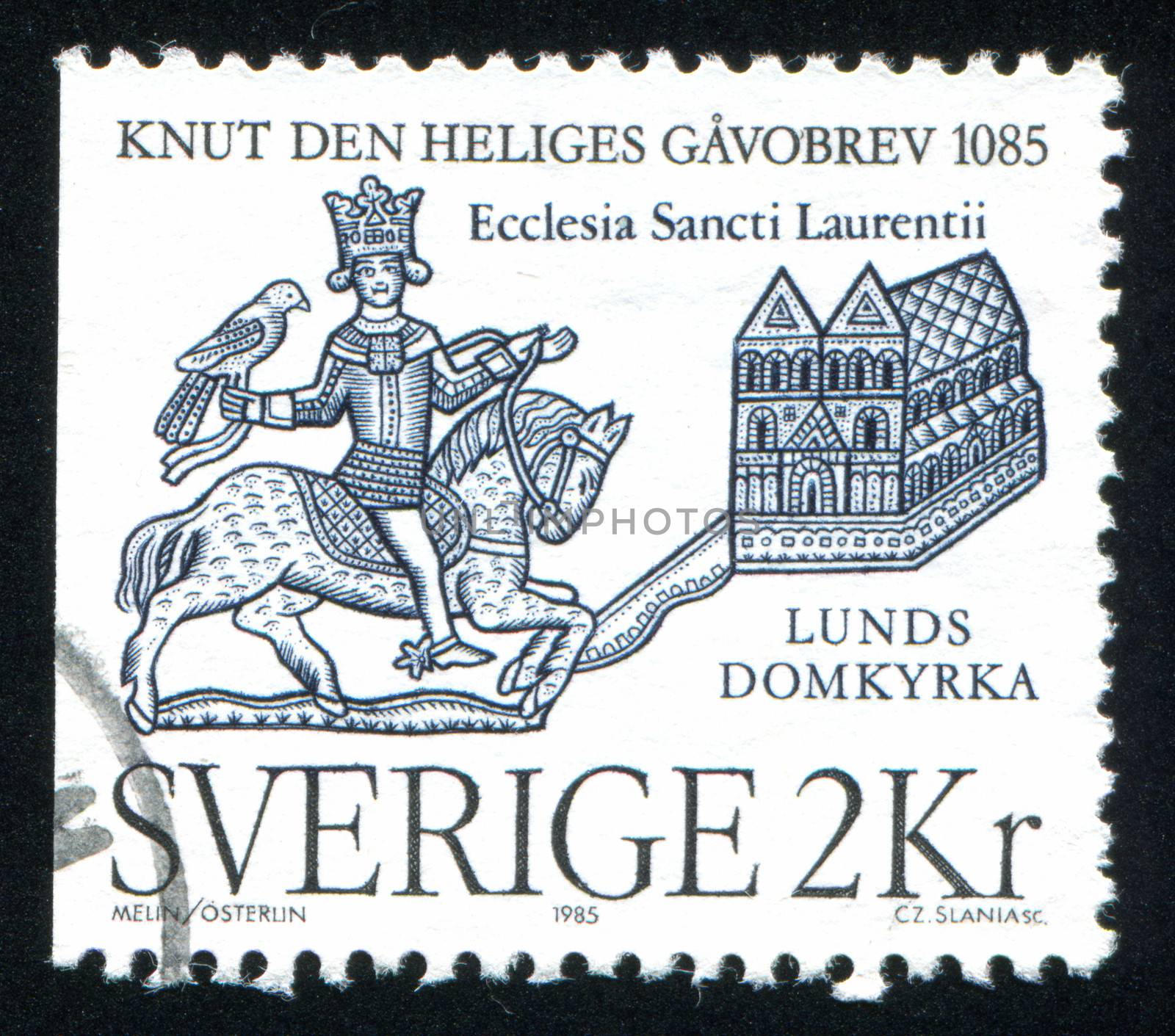 SWEDEN - CIRCA 1985: stamp printed by Sweden, shows Seal of St. Cnut and Lund Cathedral, circa 1985
