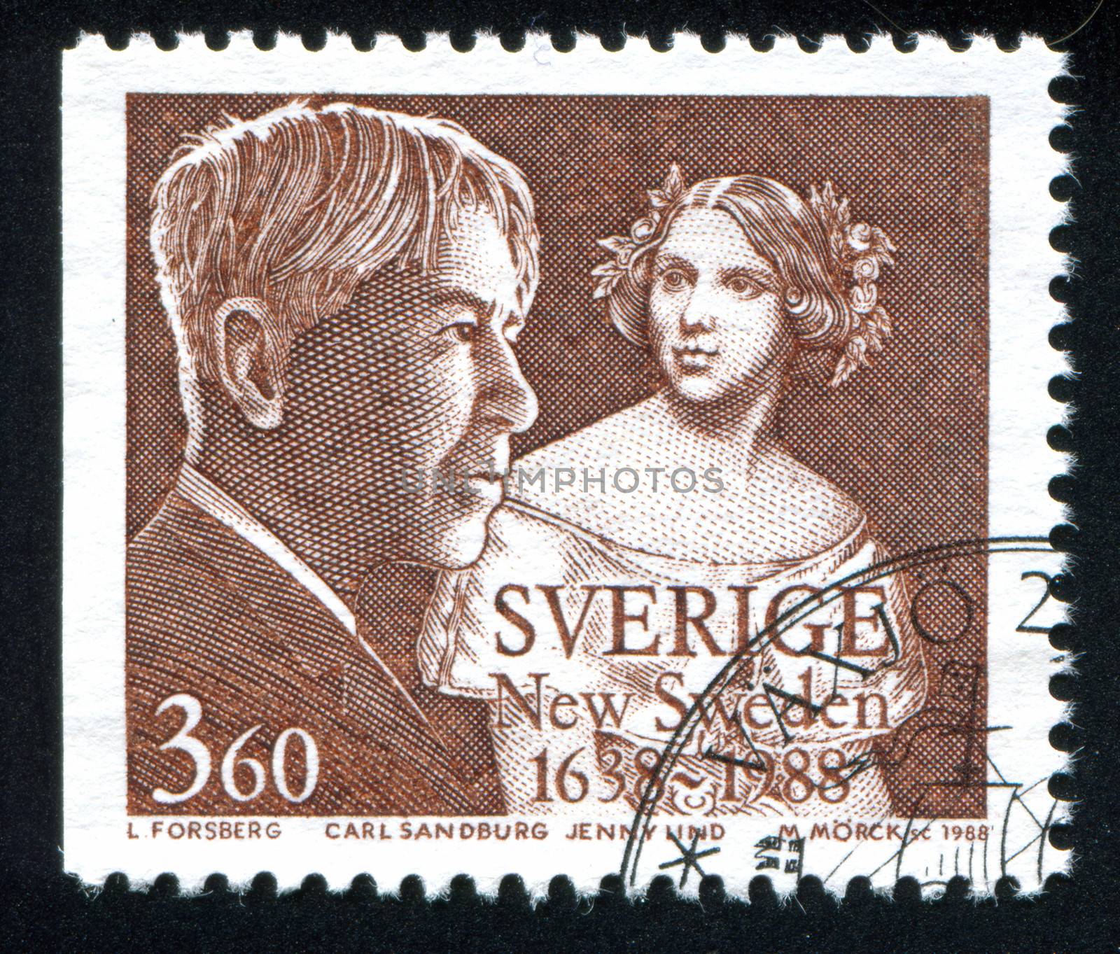 SWEDEN - CIRCA 1988: stamp printed by Sweden, shows Carl Sandburg, author, and Jenny Lind, opera singer, circa 1988