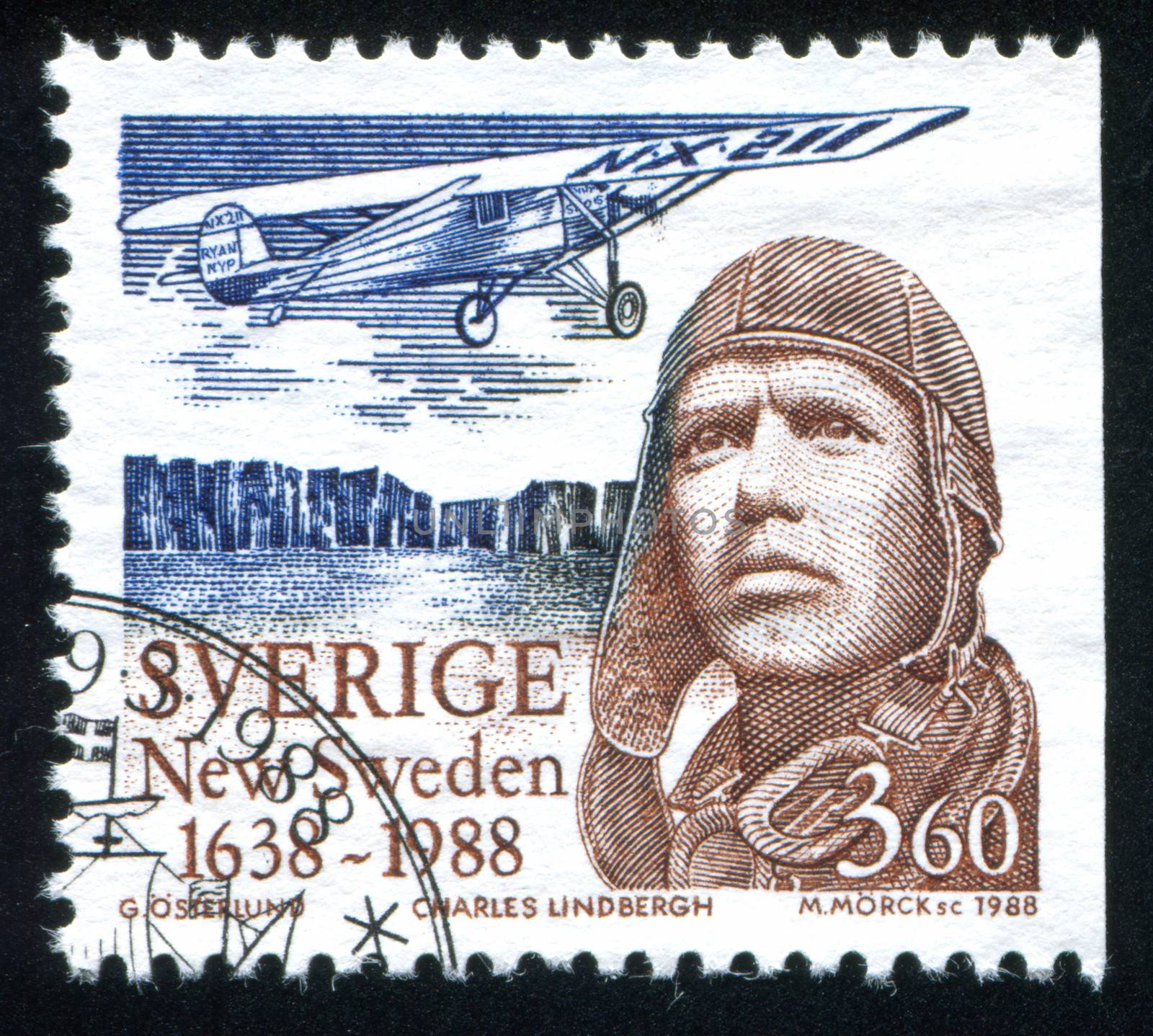 SWEDEN - CIRCA 1988: stamp printed by Sweden, shows Charles Lindbergh and The Spirit of St. Louis, circa 1988