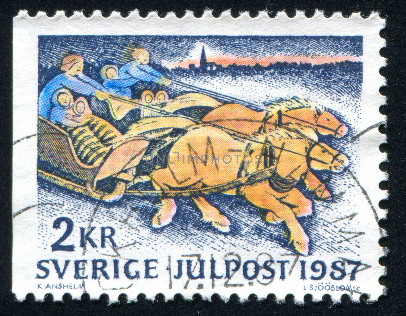 SWEDEN - CIRCA 1987: stamp printed by Sweden, shows Sled-race home from church on Christmas Day, circa 1987