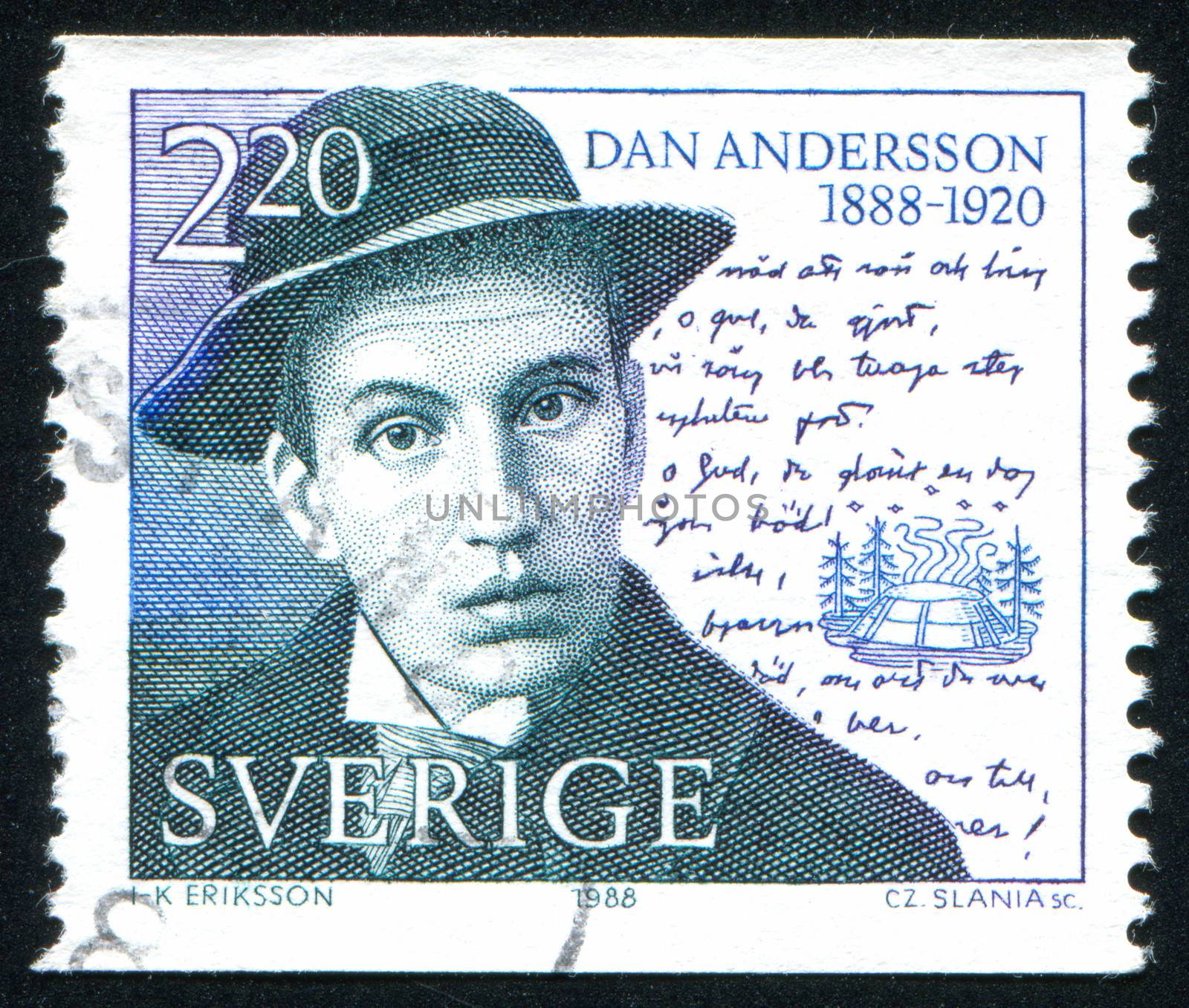 SWEDEN - CIRCA 1988: stamp printed by Sweden, shows Dan Andersson, Poet, and Manuscript, circa 1988