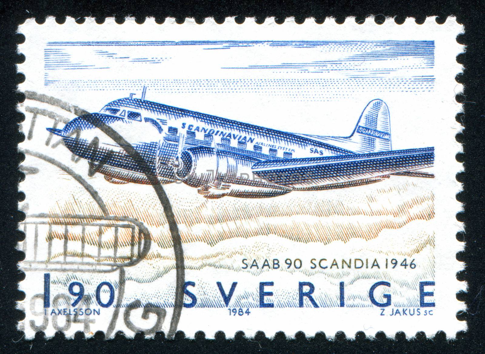 SWEDEN - CIRCA 1984: stamp printed by Sweden, shows Airplane SAAB-90 Scandia, circa 1984