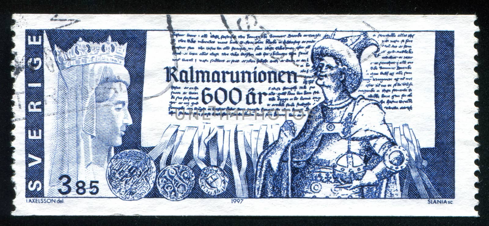 SWEDEN - CIRCA 1997: stamp printed by Sweden, shows Queen Margareta, Erik of Pomerania, coronation document, circa 1997