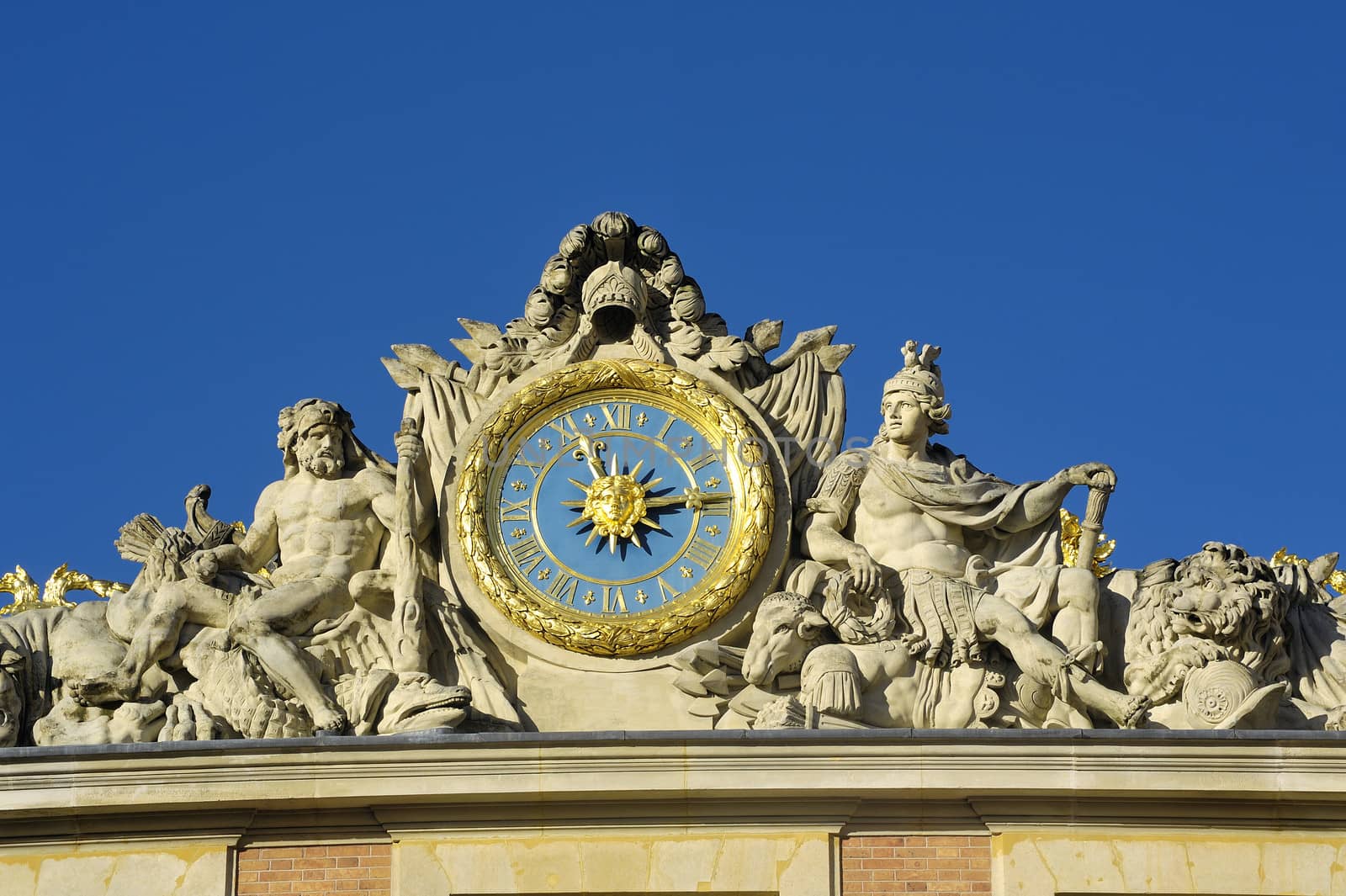 Versailles castle clock lying in the marble courtyard above the King's Chamber sun, Louis XIV