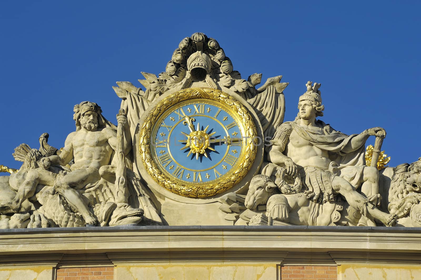 Versailles castle clock lying in the marble courtyard above the King's Chamber sun, Louis XIV