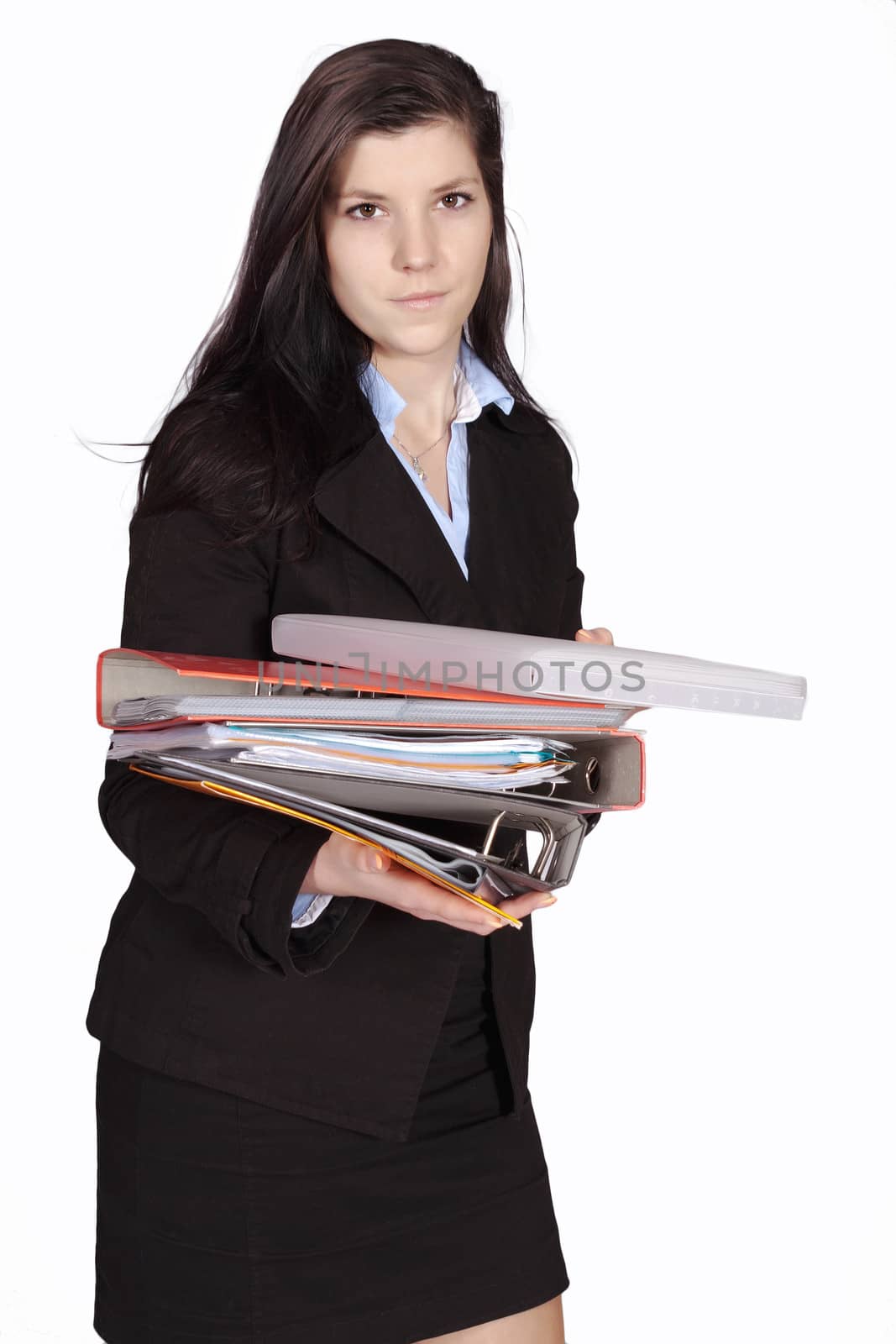 Woman in a jacket holding a pile of documents, isolated on white background