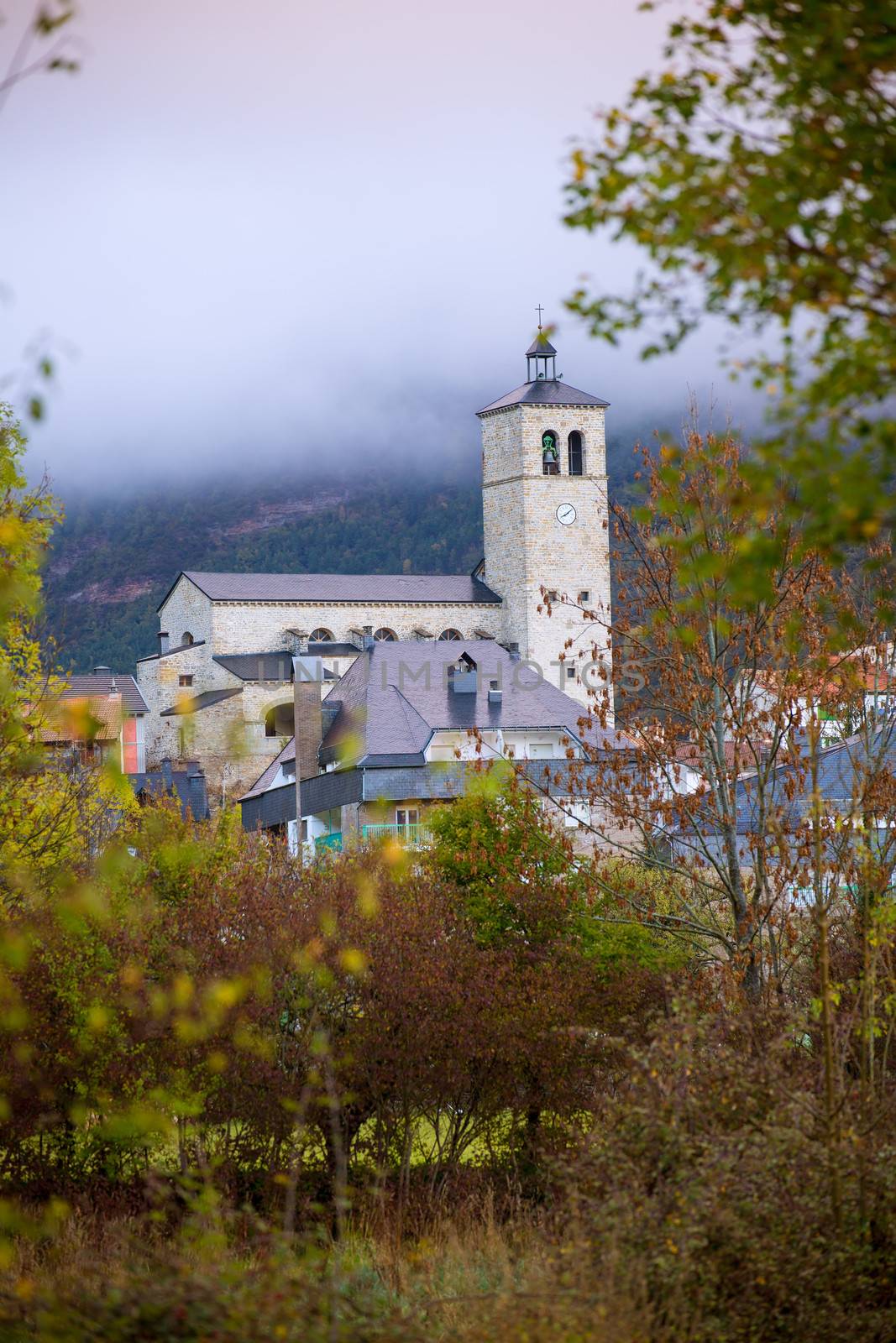 Biescas village in Huesca Aragon Pyrenees of Spain in foggy morning